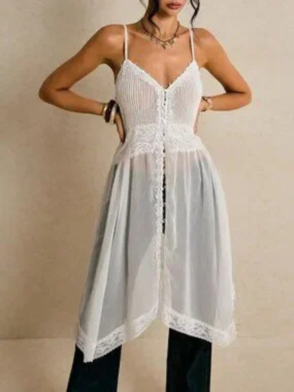 ZARA White Casual Elegant Women's Long Lace Camisole Top with Slit Hem